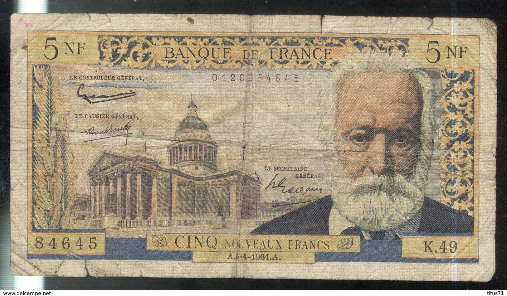 Billet 5 NF Nouveaux Francs France Victor Hugo 06-04-1961 TB - 5 NF 1959-1965 ''Victor Hugo''