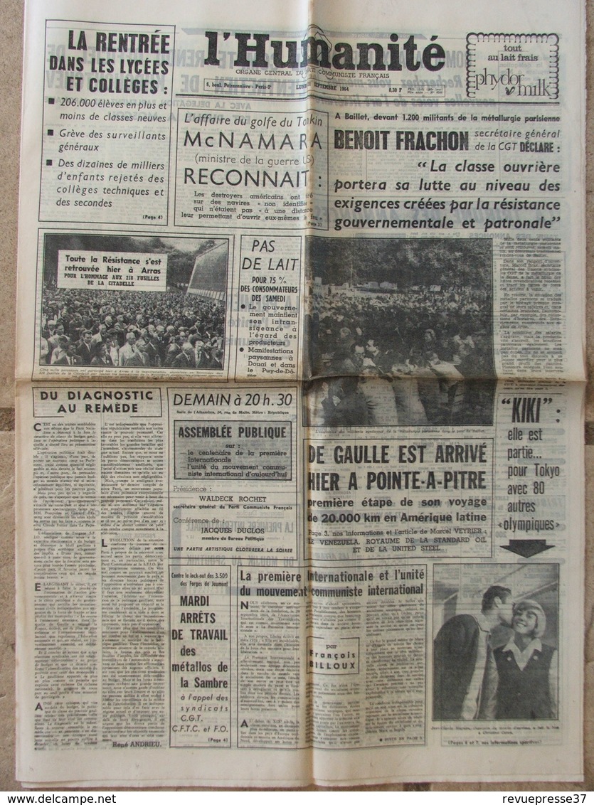 Journal L'Humanité (21 Sept 1964) Aff Golfe Du Tonkin - Rentrée Scolaire - De Gaulle/Pointe à Pitre -Mort S 0'Casey - 1950 à Nos Jours