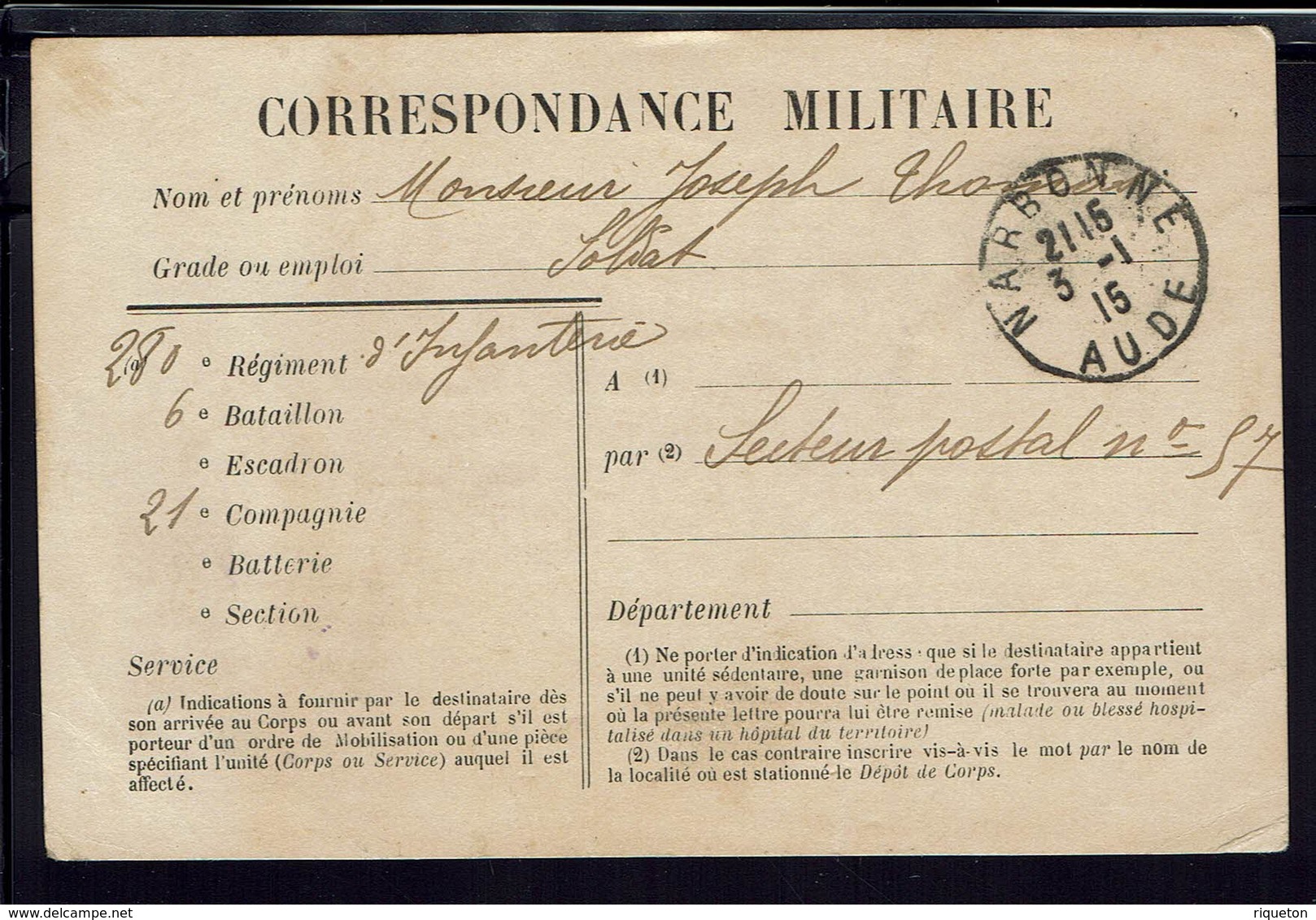 FR - Correspondance Militaire En FM Du 3-1-1915, Du 280ème Régiment D'Infanterie Pour Le Secteur Postal 57 - B/TB - - WW I