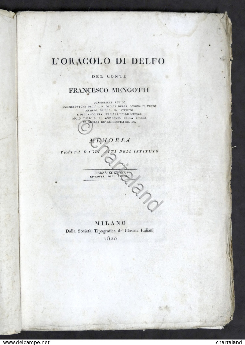 L'Oracolo Di Delfo - Memoria Del Conte Francesco Mengotti - 1820 - Non Classificati