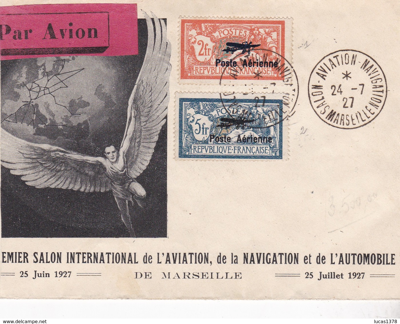 FRANCE PA Yvert N°1 Et 2 Sur Carte Postale 1er Salon International Aviation Navigation Automobile Marseille Du 25/6/1927 - 1927-1959 Lettres & Documents