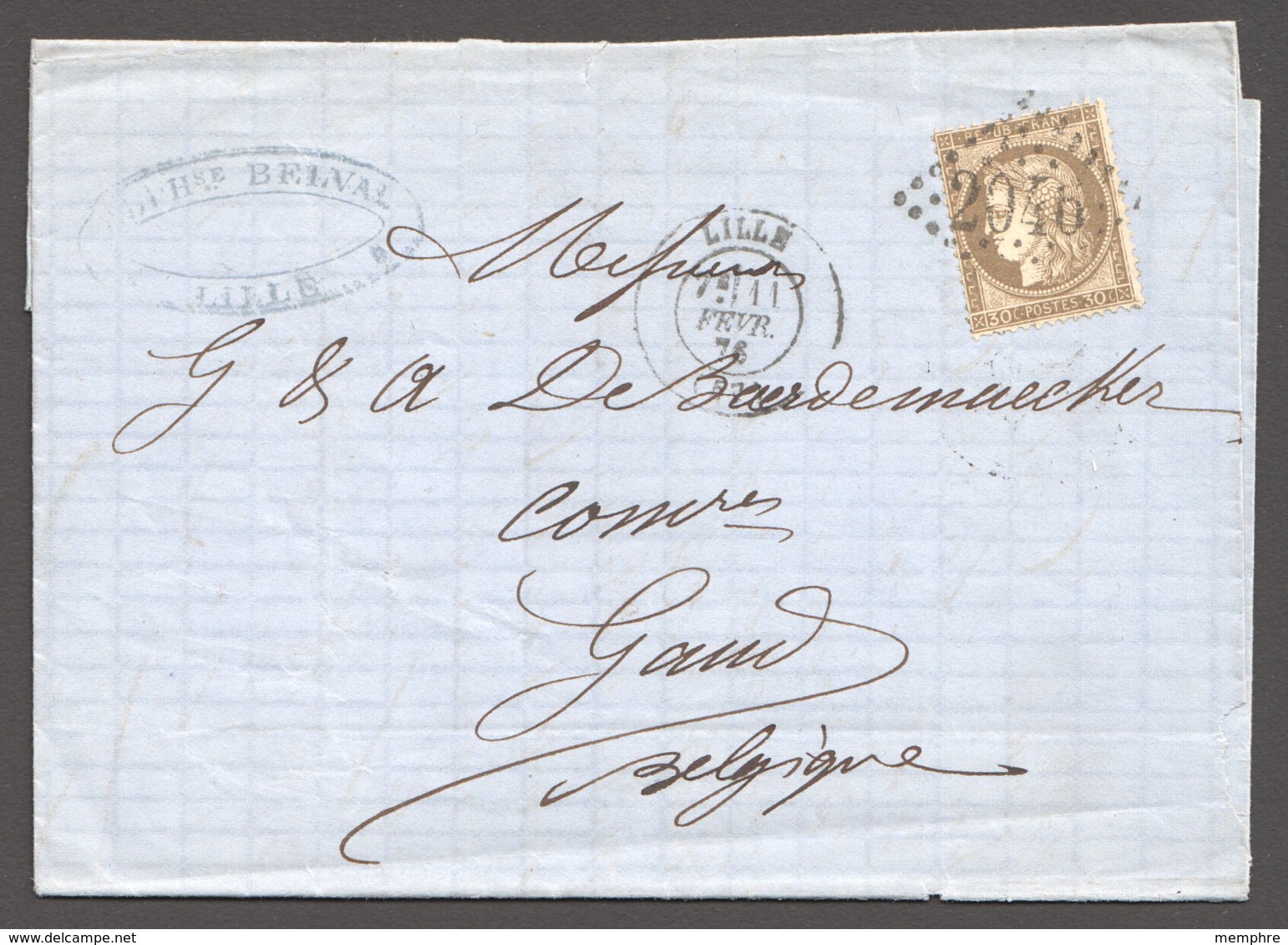 1876  Lettre De Lille Pour La Belgique Yv 56 Marque D'entrée «France Par Ouest» Et Cachet D'arrivée - 1871-1875 Ceres