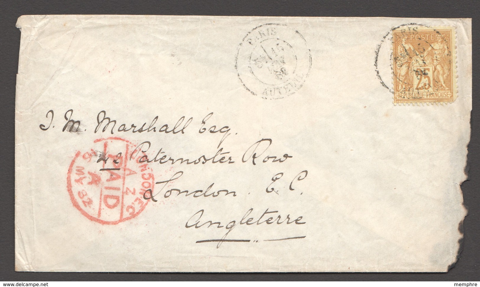 1882  Lettre De Paris - Auteuil Pour L'Angleterre   Yv 92 Seul - 1876-1898 Sage (Type II)