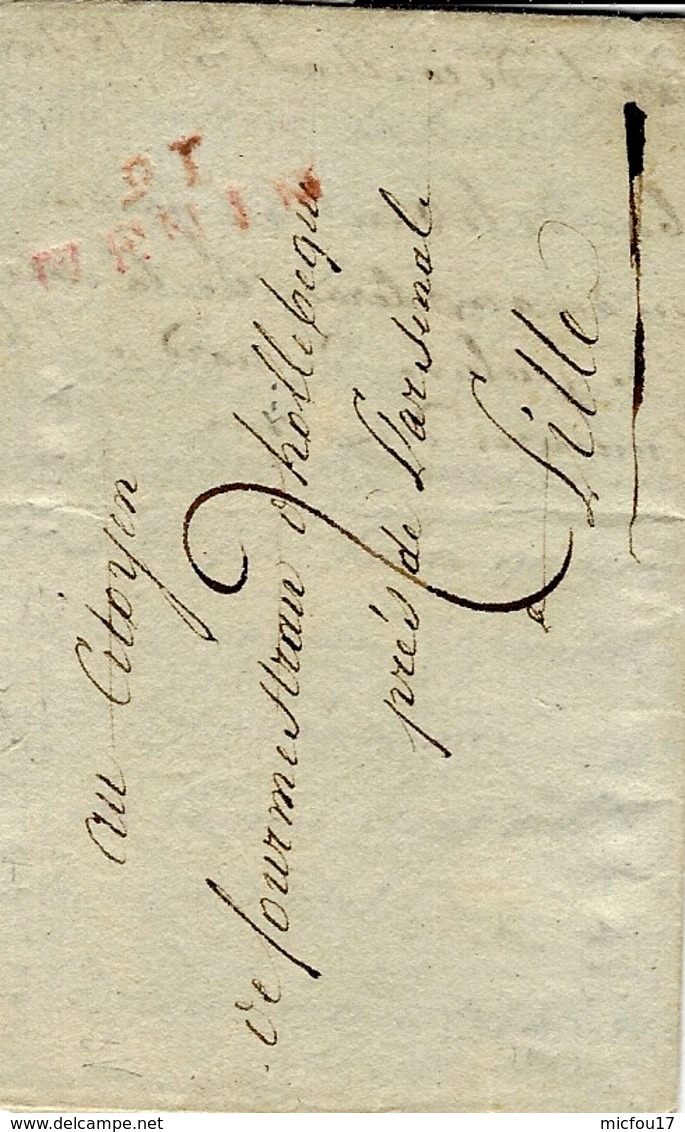 1802-lettre De 91 / MENIN  ( La Lys ) 27 Mm Rouge  Taxe 2 D Pour Lille - 1794-1814 (French Period)