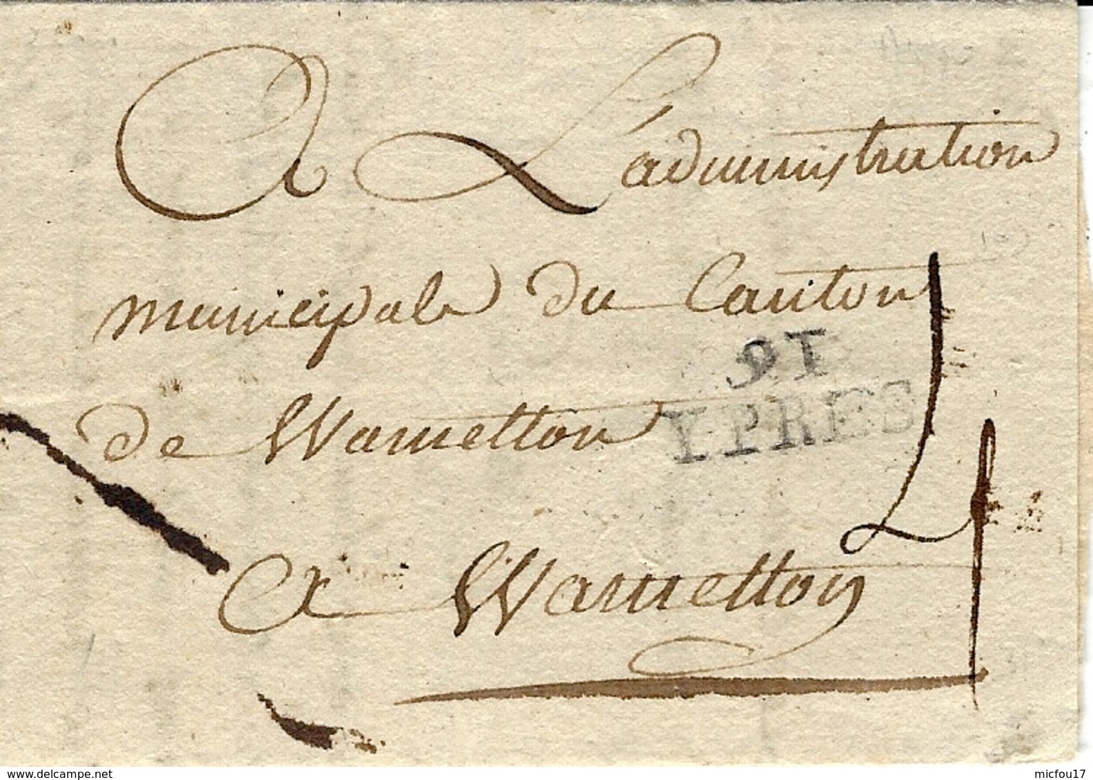 An 6 - 1799-  -lettre De 91 / YPRES  ( La Jemmapes ) 22 Mm Noir  Taxe 4 D Pour Warnellon - 1794-1814 (French Period)