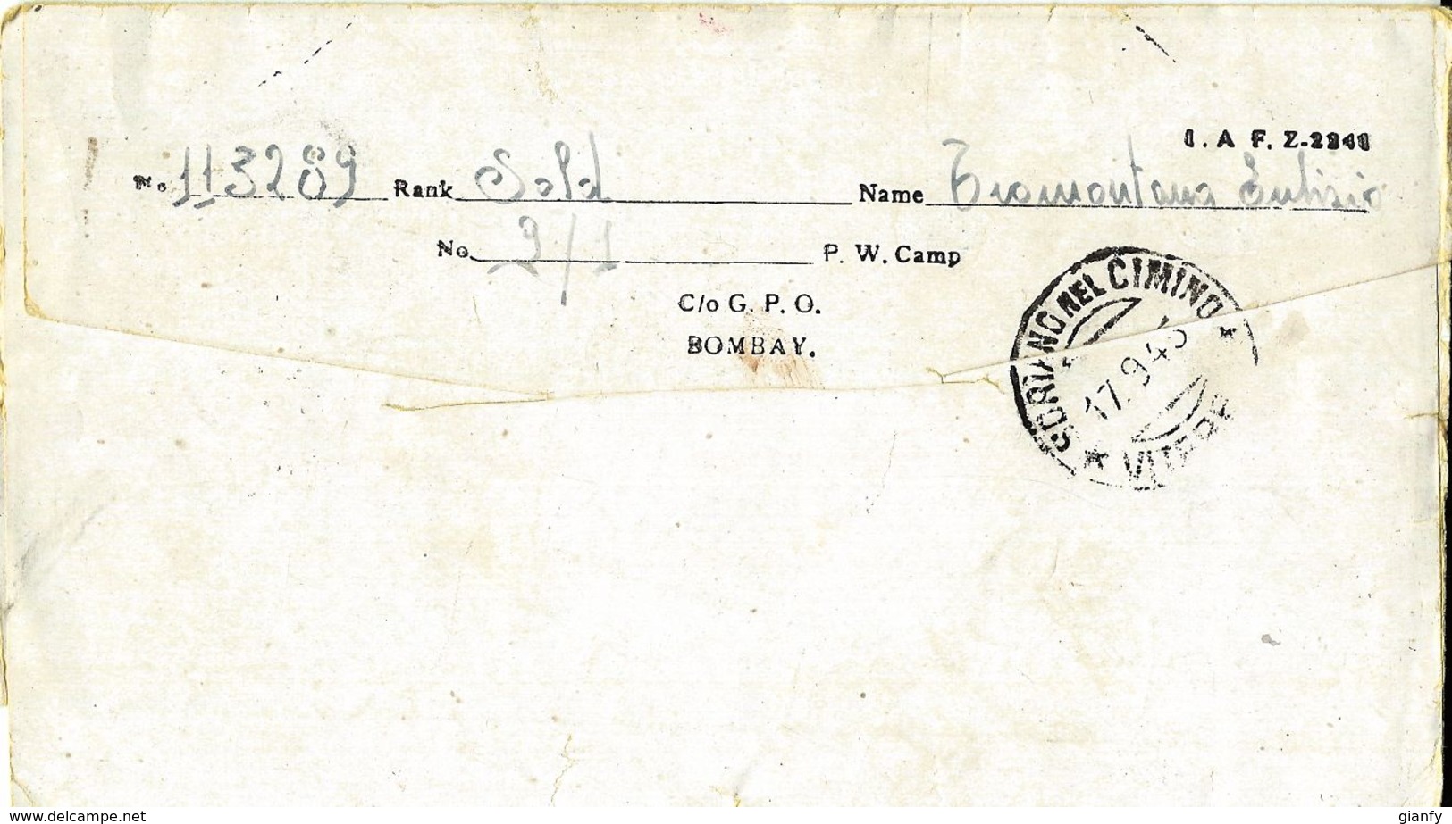 BIGLIETTO CAMPO PRIGIONIERI INDIA POW CAMP 9 BHOPAL 1945 SORIANO NEL CIMINO - Military Mail (PM)