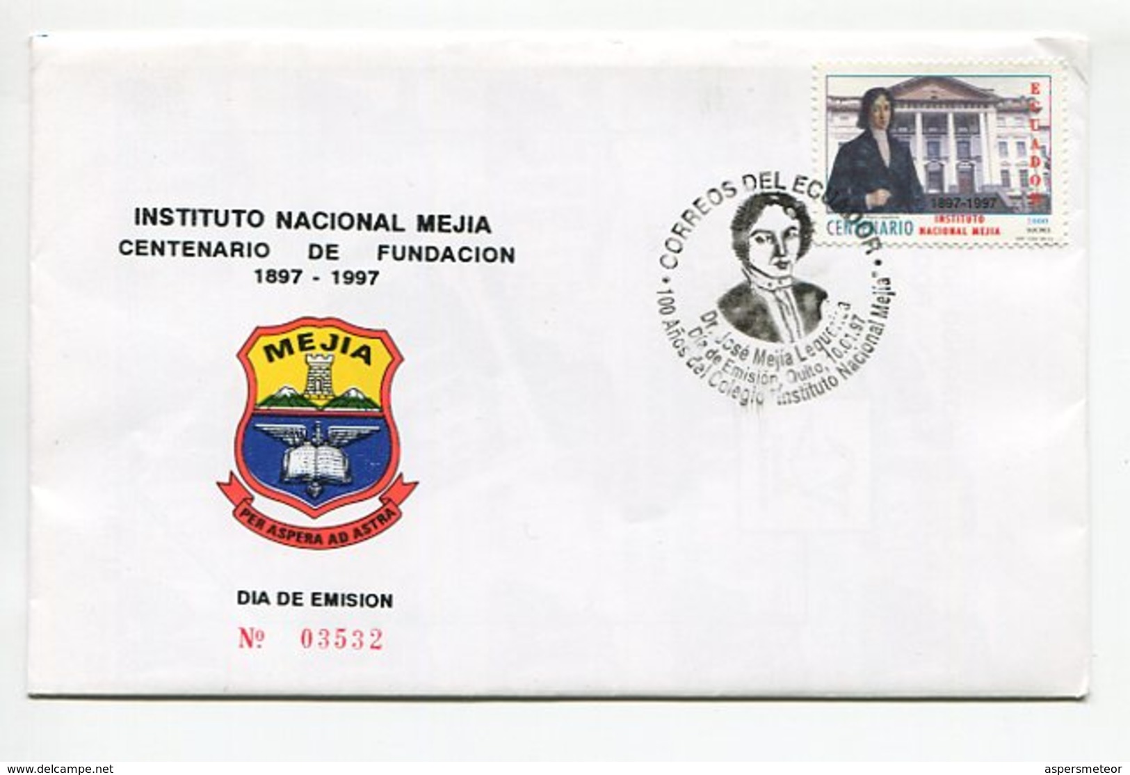 INSTITUTO NACIONAL MEJIA CENTENARIO FUNDACION. SOBRE Y VOLANTE / ENVELOPE ECUADOR 1997 FDC PRIMER DIA DE EMISION - LILHU - Ecuador