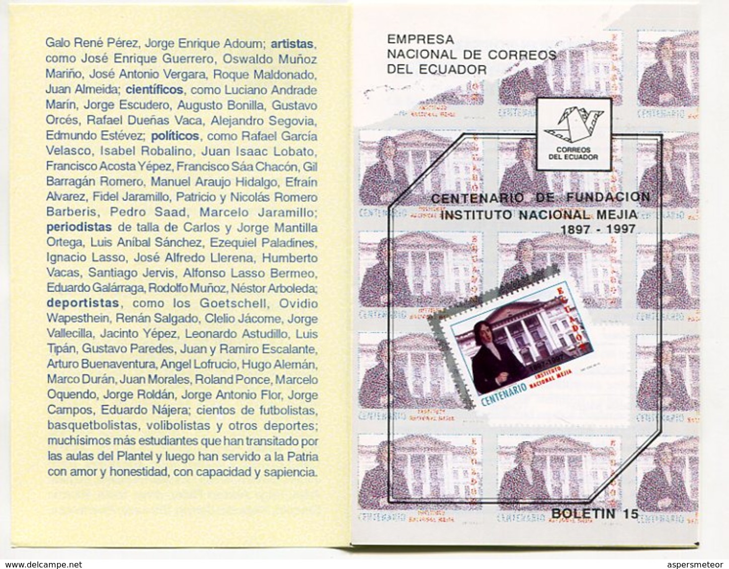 INSTITUTO NACIONAL MEJIA CENTENARIO FUNDACION. SOBRE Y VOLANTE / ENVELOPE ECUADOR 1997 FDC PRIMER DIA DE EMISION - LILHU - Equateur