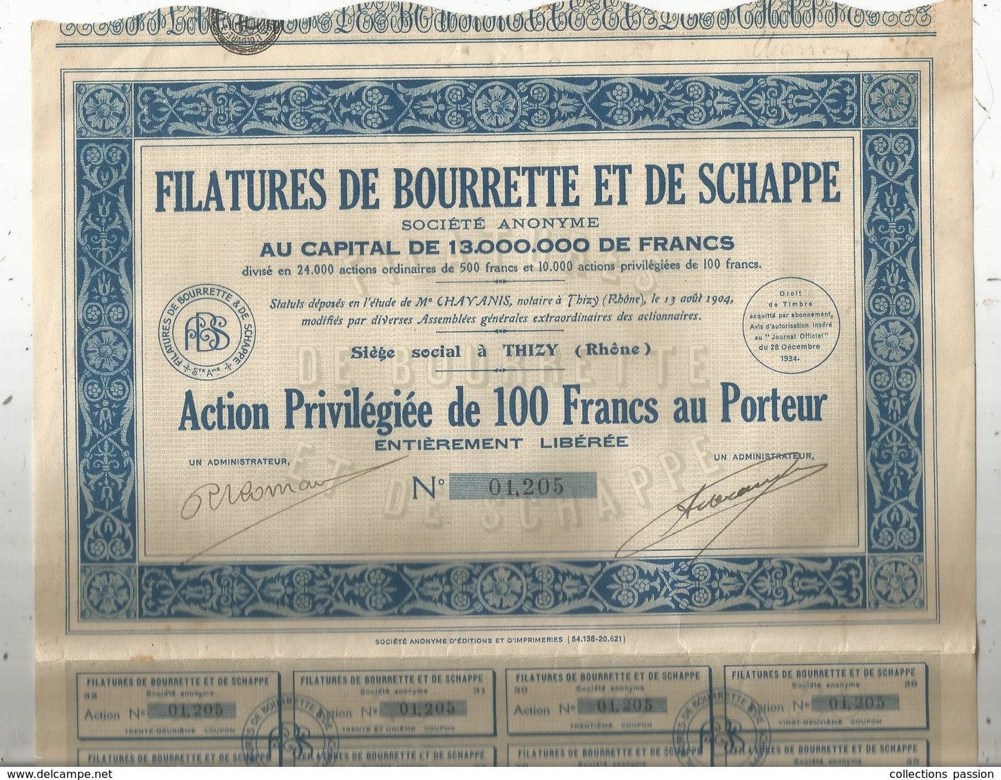 Action Privilégiée De 100 Francs ,FILATURES DE BOURRETTE ET DE SCHAPPE ,Thizy , Rhône, 1934 , Frais Fr 1.95e - Autres & Non Classés