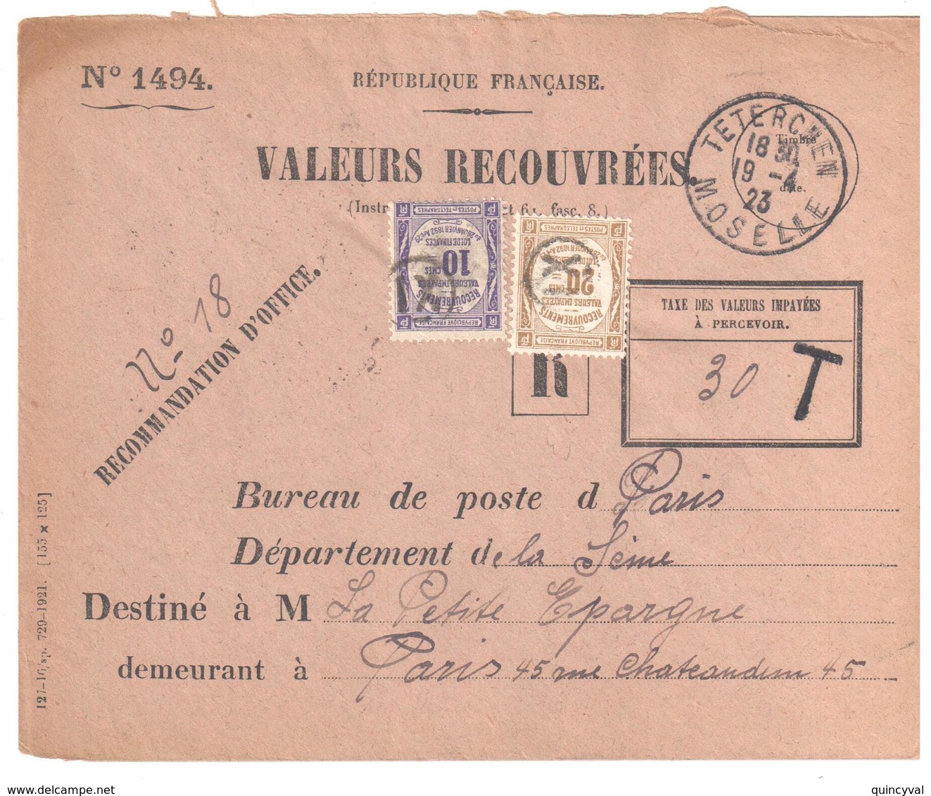 TETERCHEN Moselle Ob 19 4 1923 Enveloppe Entière Valeurs Recouvrées Formule 1494 Taxe 44 45 Préoblitérés XI Transit Metz - 1859-1959 Storia Postale