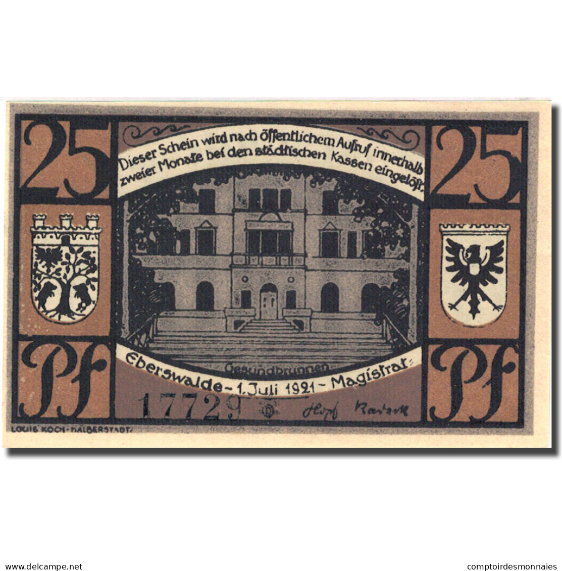 Billet, Allemagne, Eberswalde, 25 Pfennig, Château 1921-07-01 SPL Mehl:303.1a - Autres & Non Classés