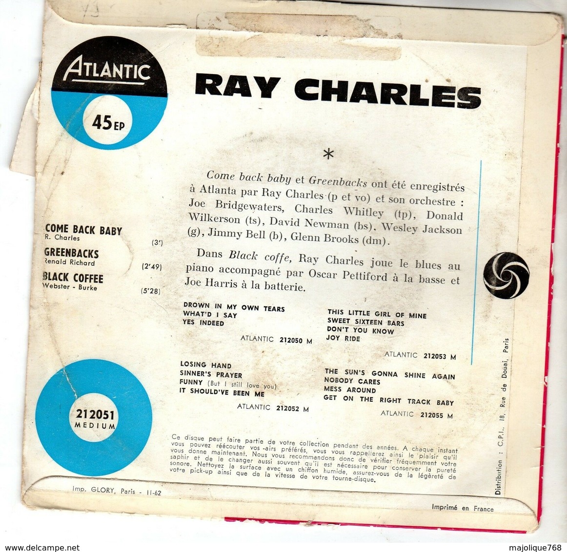 Ray Charles - Come Back Baby - Atlantic 212051 - 1962 - - Soul - R&B