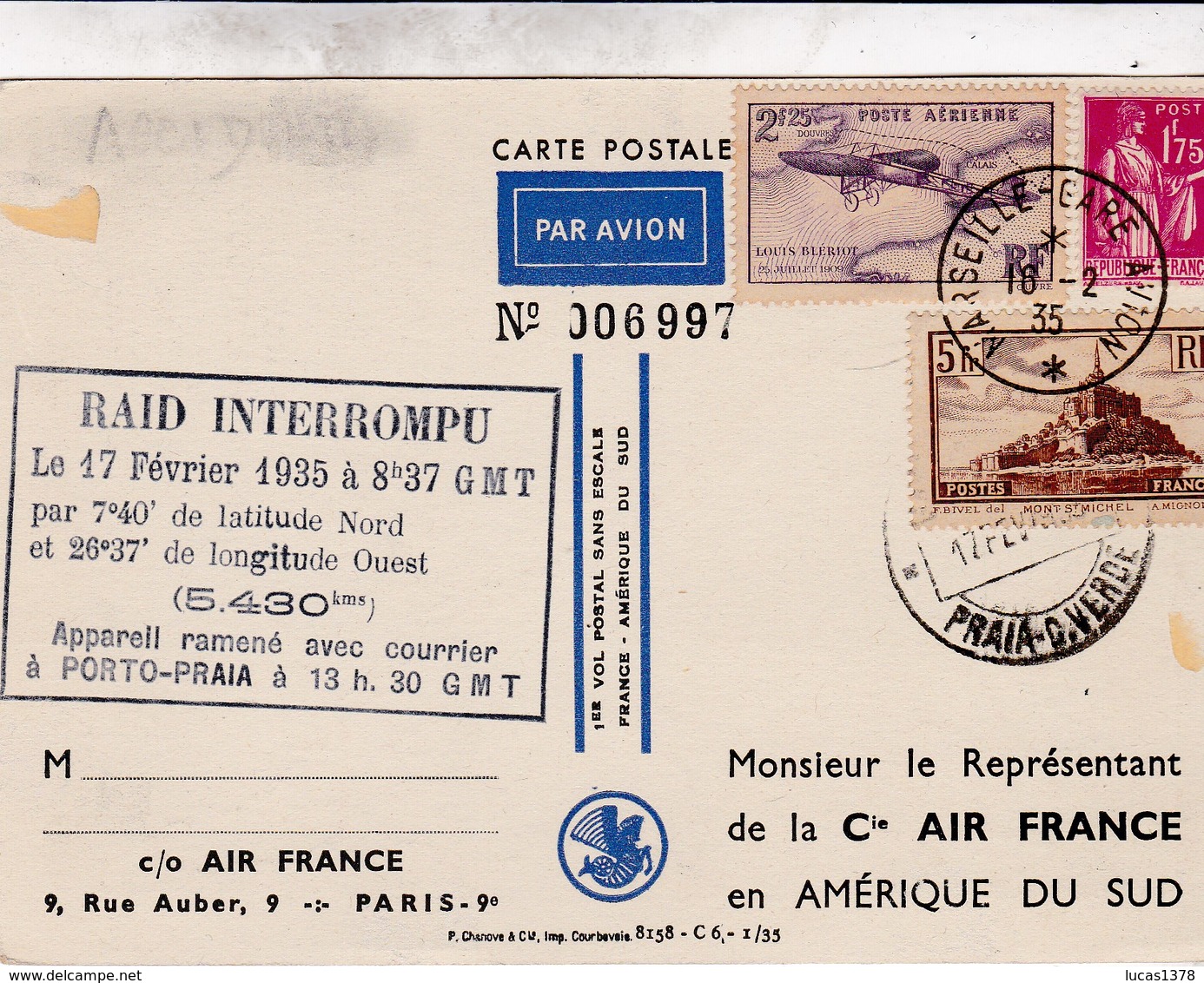 MARSEILLE Raid Interrompu 1935 Porto Praia Brasil Aviation N° 7 260 ST MICHEL Poste Aérienne Airmail Lettre - Accidents