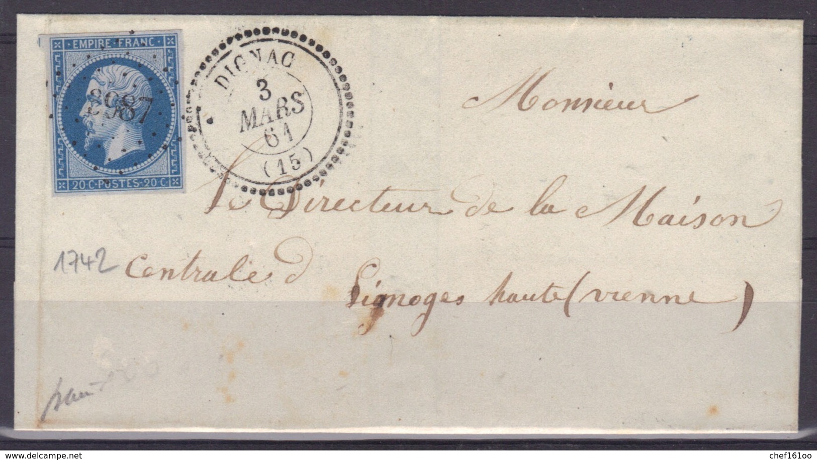 Dignac (Charente) : LSC, Càd 22, PC 3987 N°14, 1861, Signée Baudot, Indice 17. - 1849-1876: Période Classique