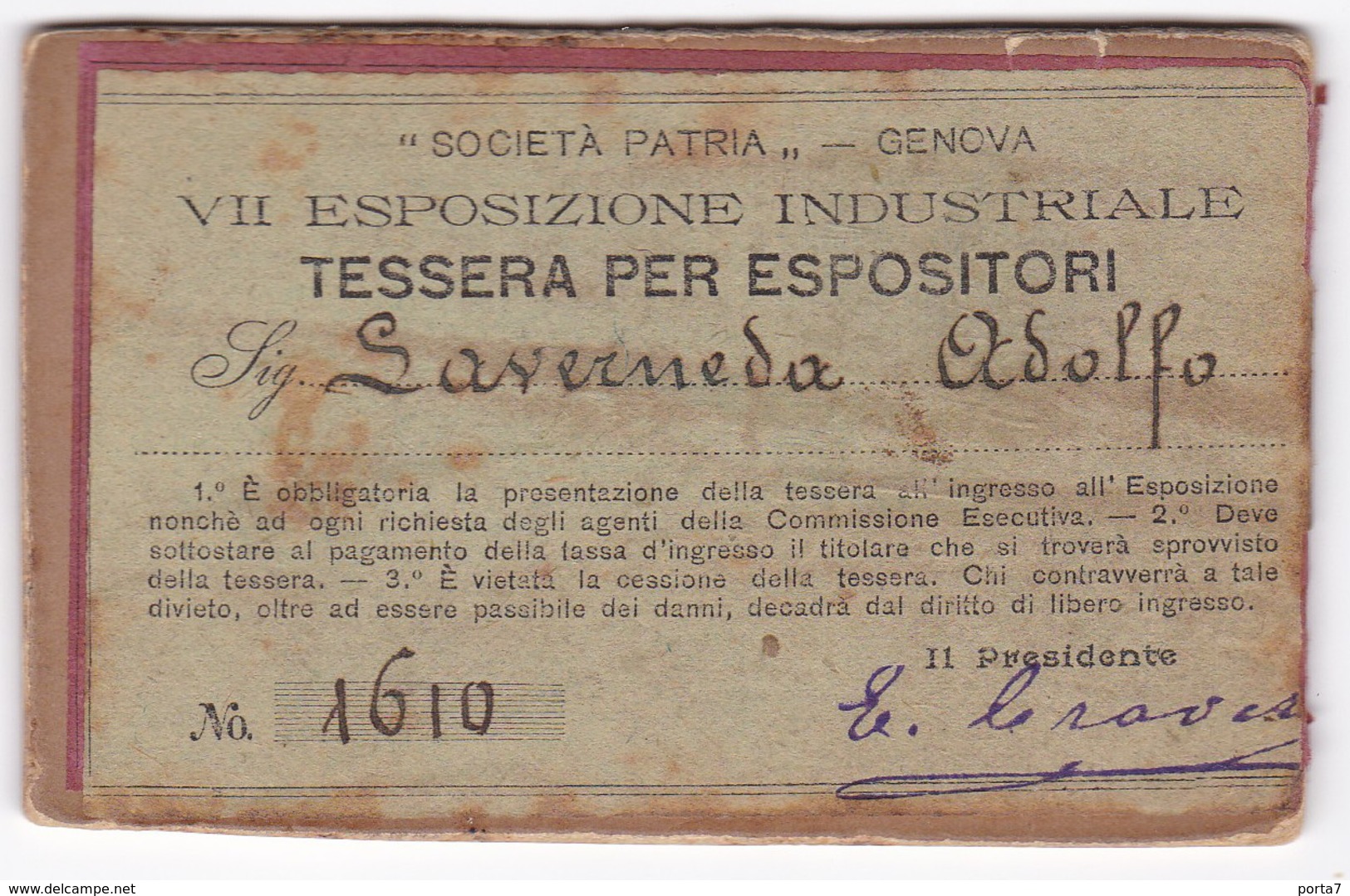 TESSERA ESPOSITORI - SOCIETA' PATRIA - ESPOSIZIONE GENOVA - 1901 - Biglietti D'ingresso