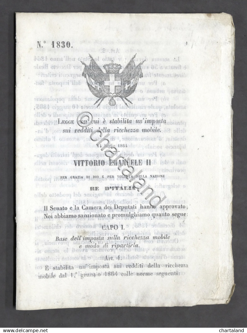 Regno D'Italia - Regio Decreto Imposta Sui Redditi Ricchezza Mobile - 1864 - Non Classificati