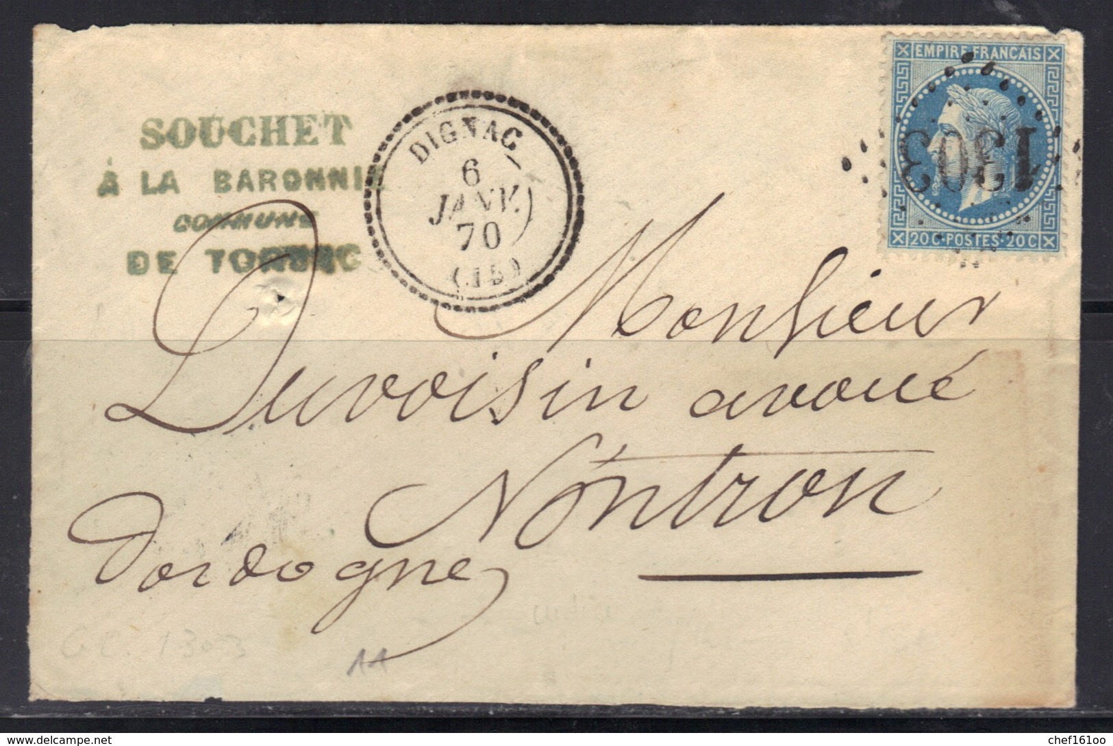 Dignac (Charente) : Enveloppe, Càd Type 22, GC 1303 Sur N°29, 1870. - 1849-1876: Periodo Classico