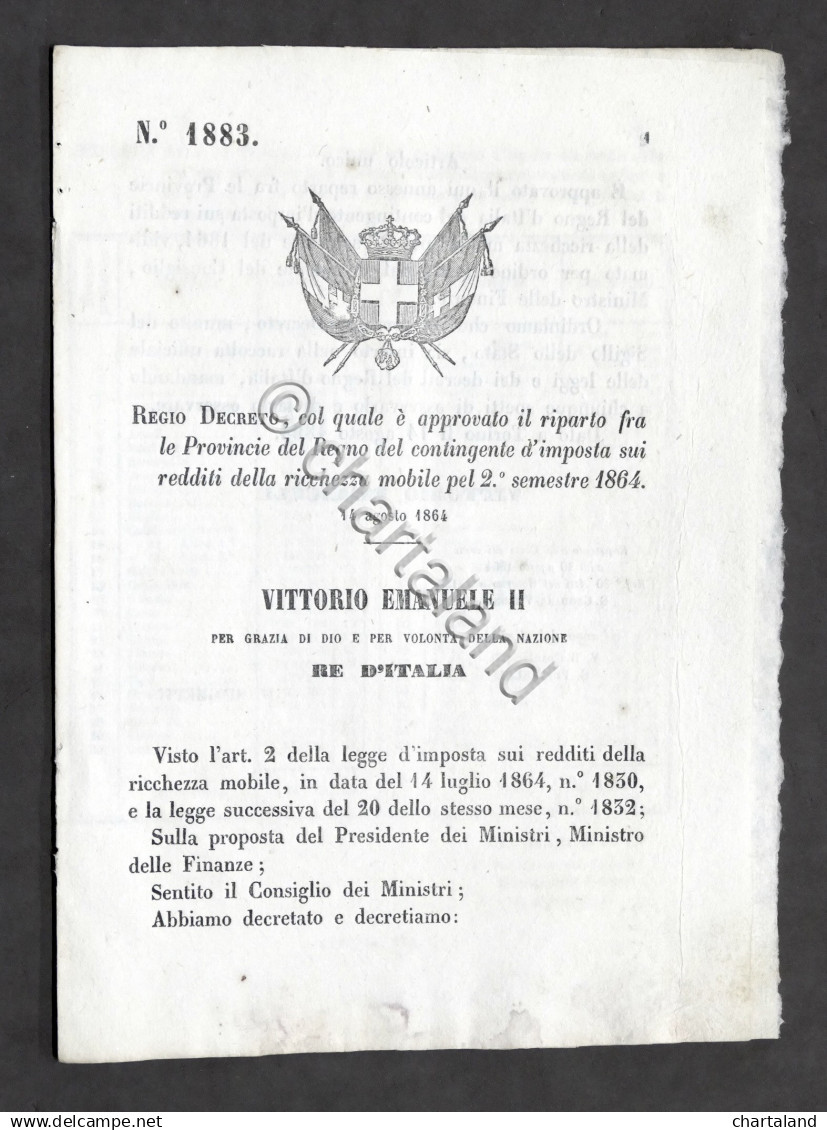 Regno D'Italia - Regio Decreto Riparto Tra Provincie Contingente D'imposta 1864 - Non Classificati