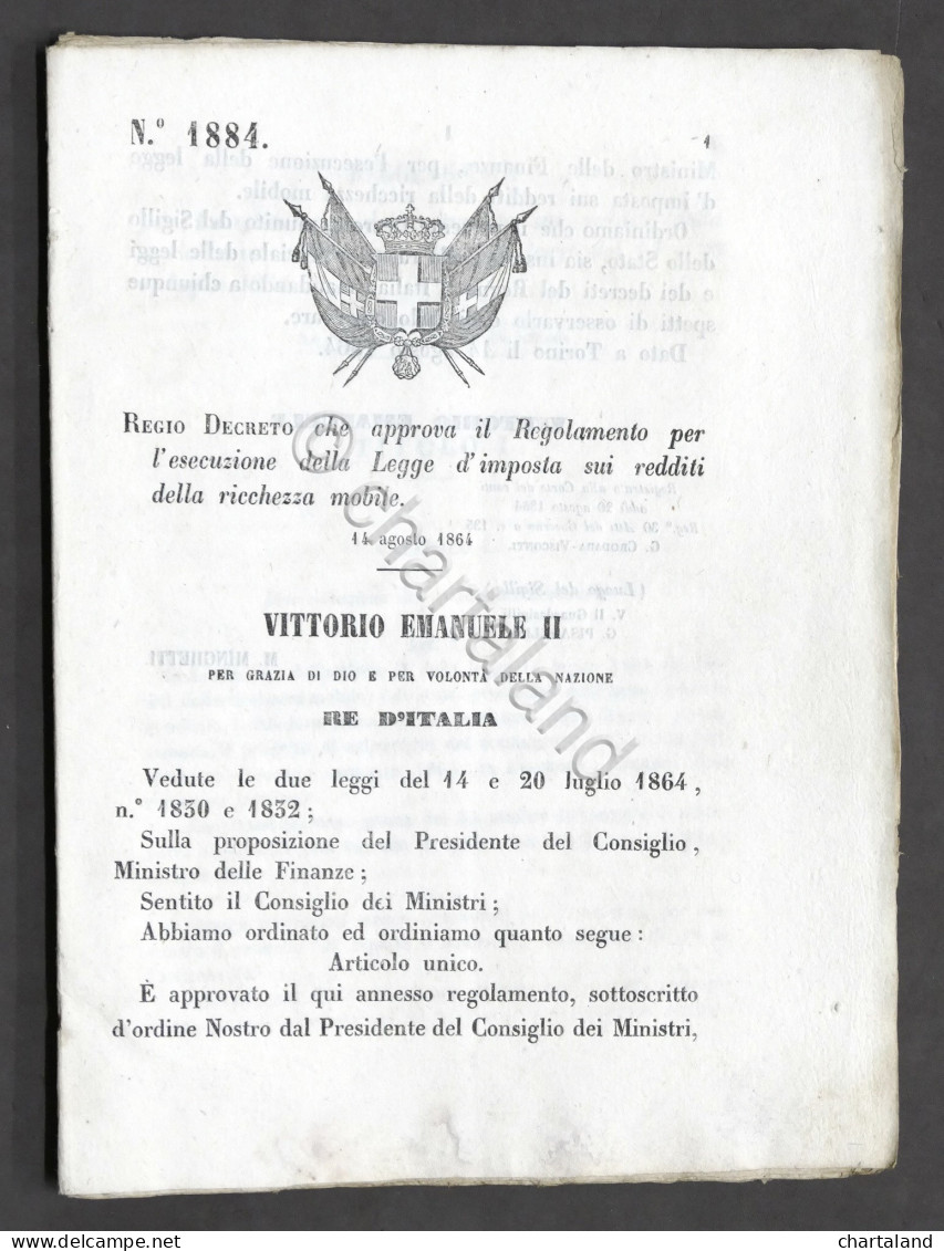 Regno D'Italia - Regio Decreto Regolamento Esecuzione Legge D'imposta 1864 - Non Classificati