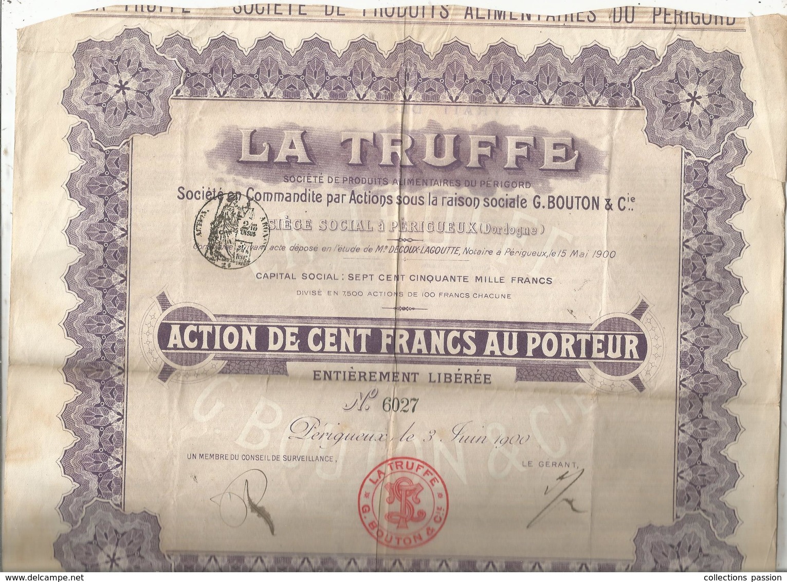 Action  De 100 Francs , LA TRUFFE ,PERIGUEUX ,Dordogne ,1900 , Frais Fr 1.95e - Autres & Non Classés