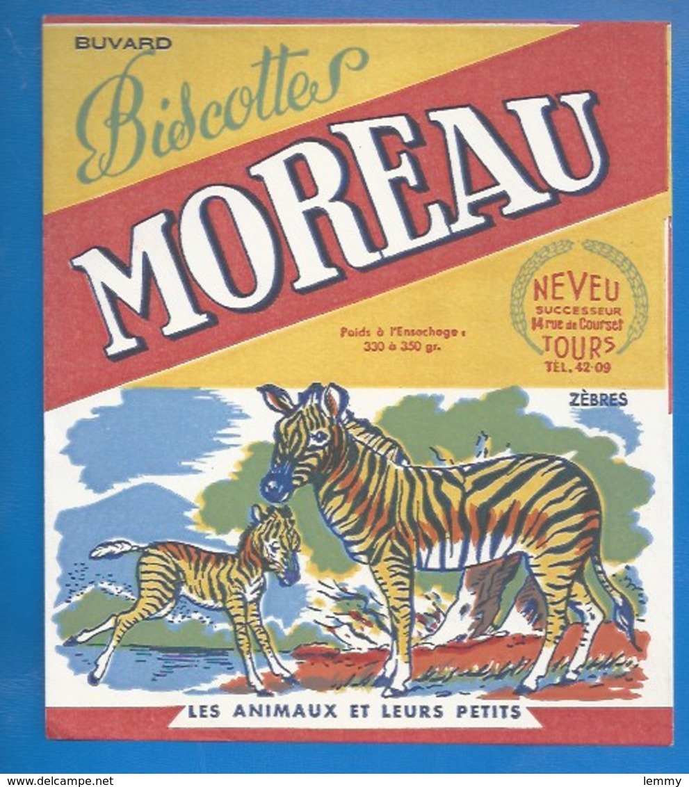 37 - TOURS, 14 RUE DE COURSET - BUVARD ILLUSTRÉ- BISCOTTES MOREAU - ANIMAUX ET LEURS PETITS - ZÈBRES - Biscottes