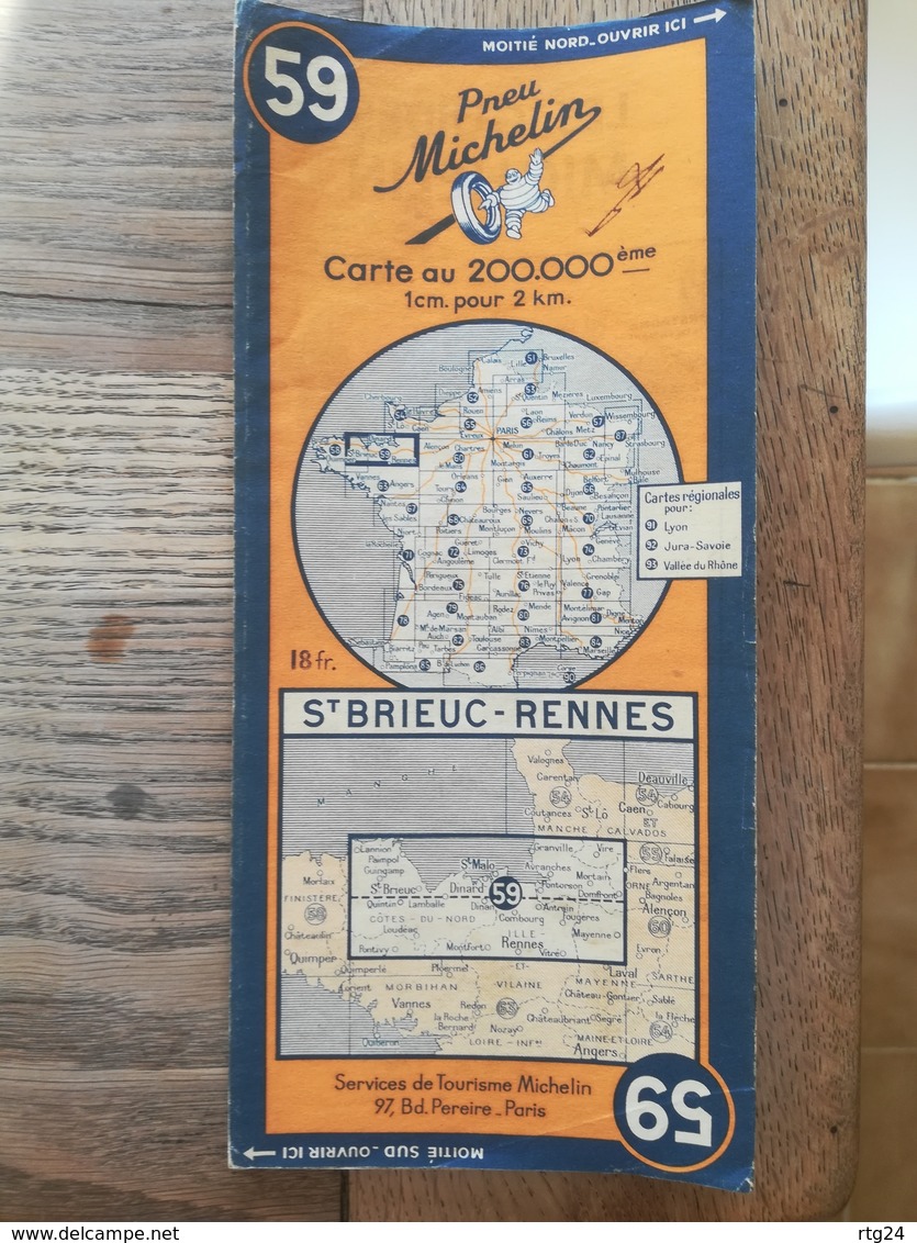 CARTE ROUTIERE MICHELIN  N° 59  SAINT BRIEUC - RENNES  DE  1946 . BON ETAT . - Cartes Routières