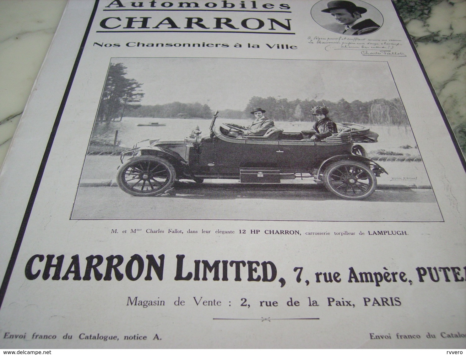 ANCIENNE PUBLICITE AUTOMOBILES CHARRON ET CHARLES FALLOT 1910 - Cars