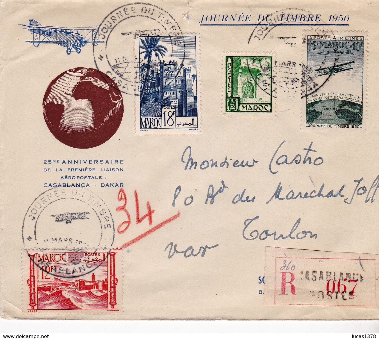Lettre DU MAROC Recommandé Journée Du Timbre 1950 Casablanca - Covers & Documents