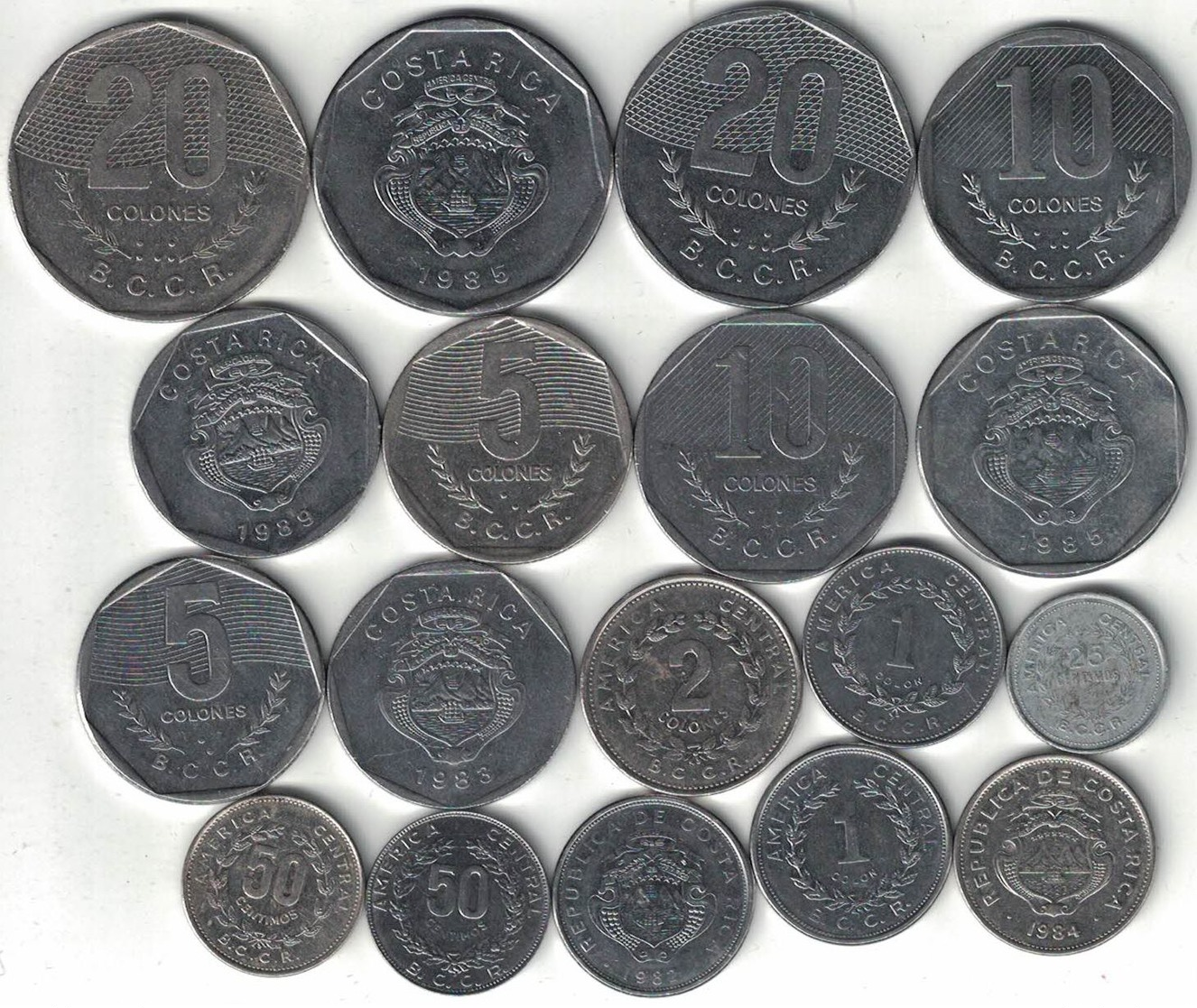Costa Rica Collection Of 18 Coins 1982-1994 All Listed & Different - Costa Rica