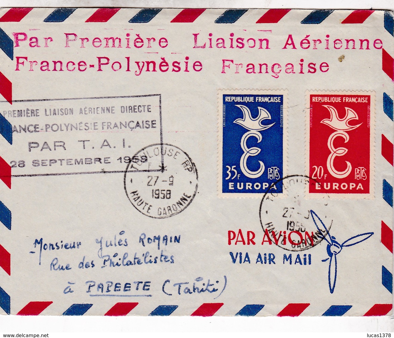 LETTRE TP EUROPA 35F + 20F OBL.27-9-1958 TOULOUSE / PREMIERE LIAISON AERIENNE DIRECTE FRANCE POLYNESIE FRANCAISE - Lettres & Documents
