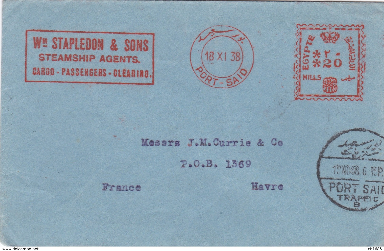 EGYPTE   :   Affranchissement Mécanique De Port Saïd Du 18 11 1938 - Lettres & Documents