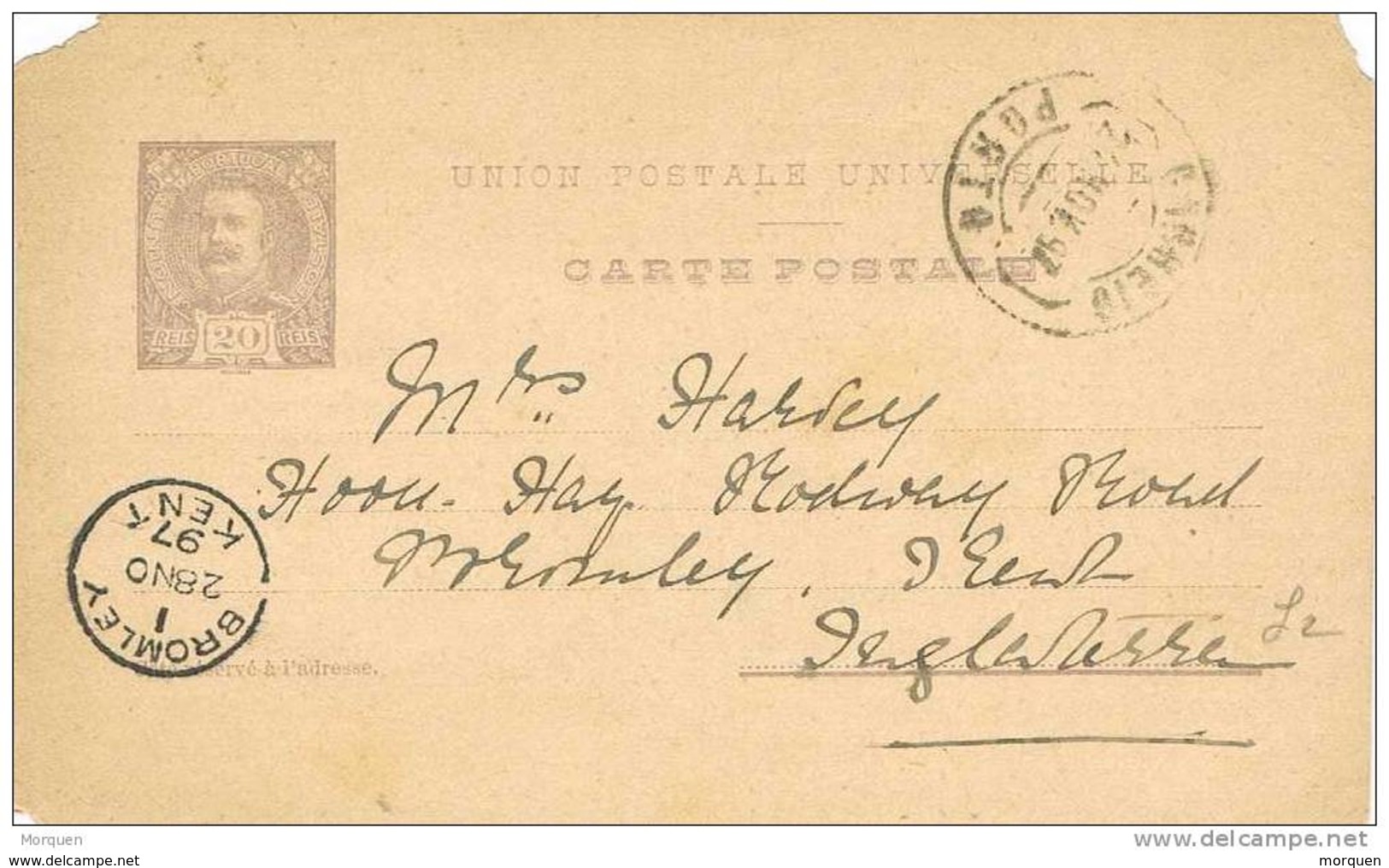 32025. Entero Postal PORTO (portugal) 1897. 20 Reis A England - Enteros Postales