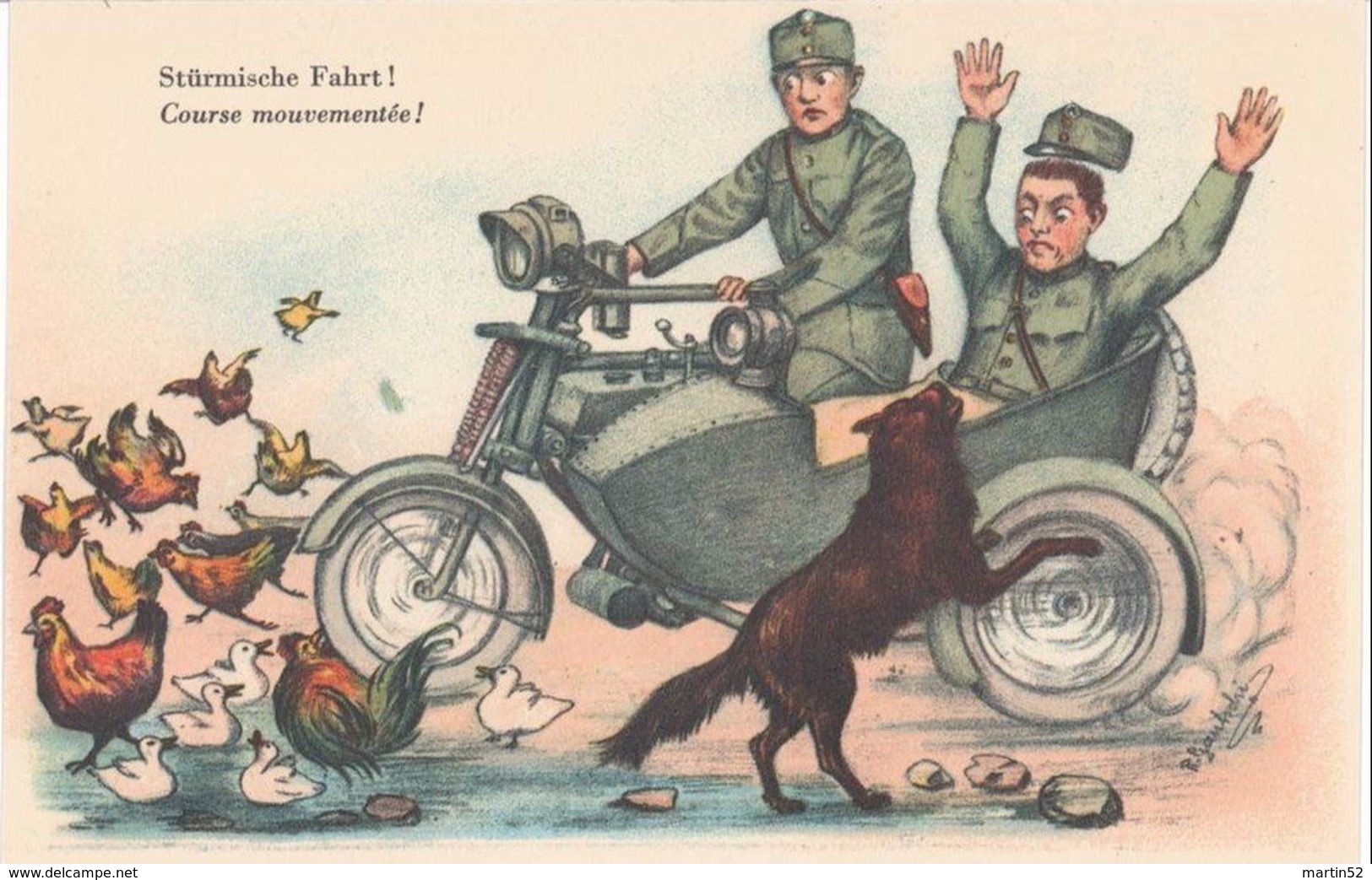 Schweiz Suisse: "Stürmische Fahrt" (Humor-Karte) Seitenwagen-Krad, Militär, Hund, Hühner & Enten Blanko - Non Circulé - Motos