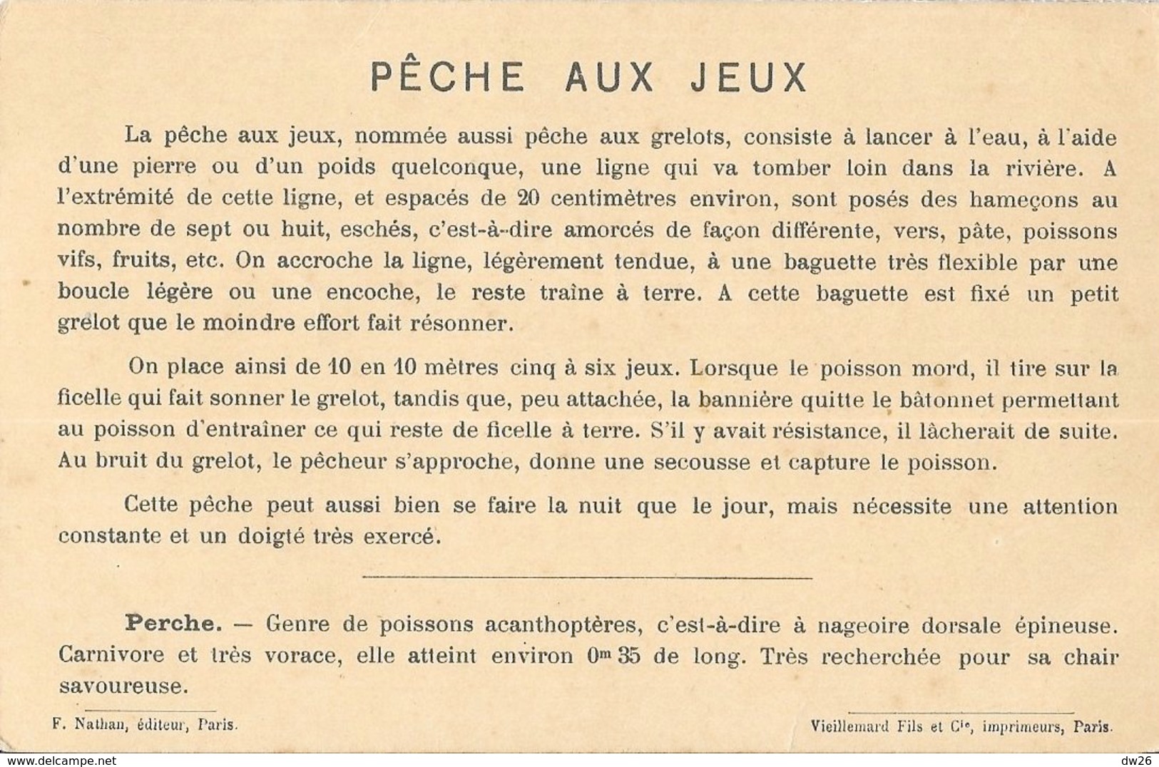 Fiche Illustrée: Pêche Aux Jeux (ou Aux Grelots, Perche) - Illustration: Pêche D'eau Douce - Edition F. Nathan - Autres & Non Classés