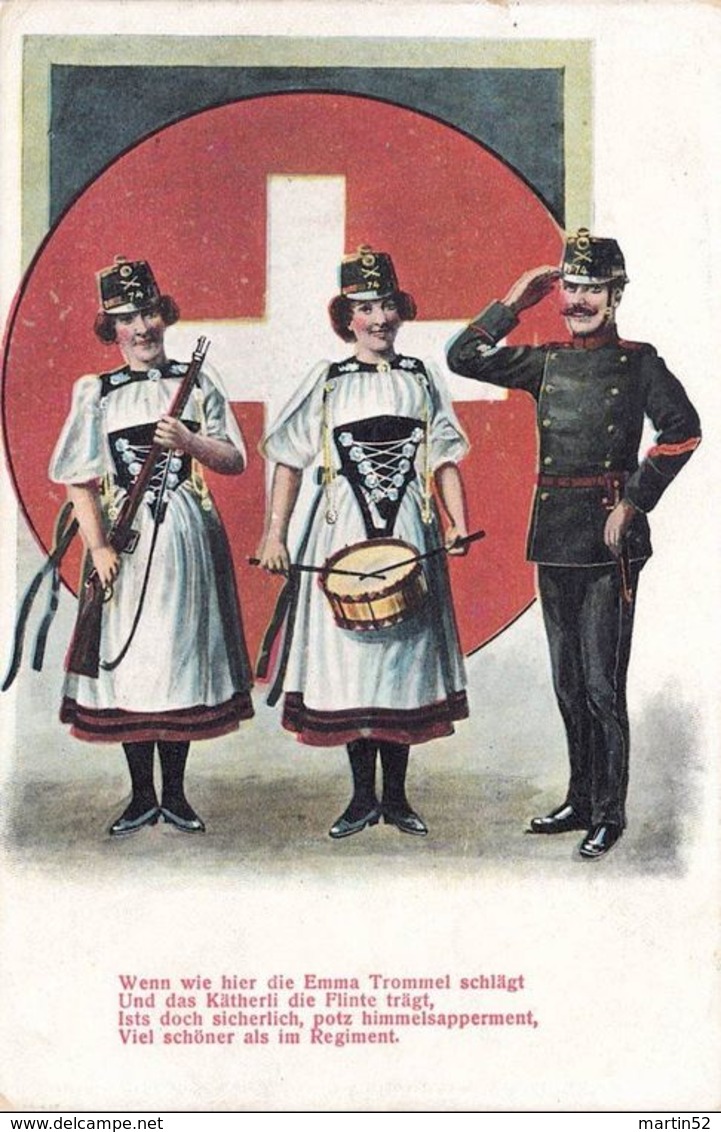 Schweiz Suisse 1910: Humor-Karte "Trachten-Mädchen In Uniform"  PONTONIER-KOMPAGNIE NO.?? Mit O ANDELFINGEN 16.IX.10 - Documents