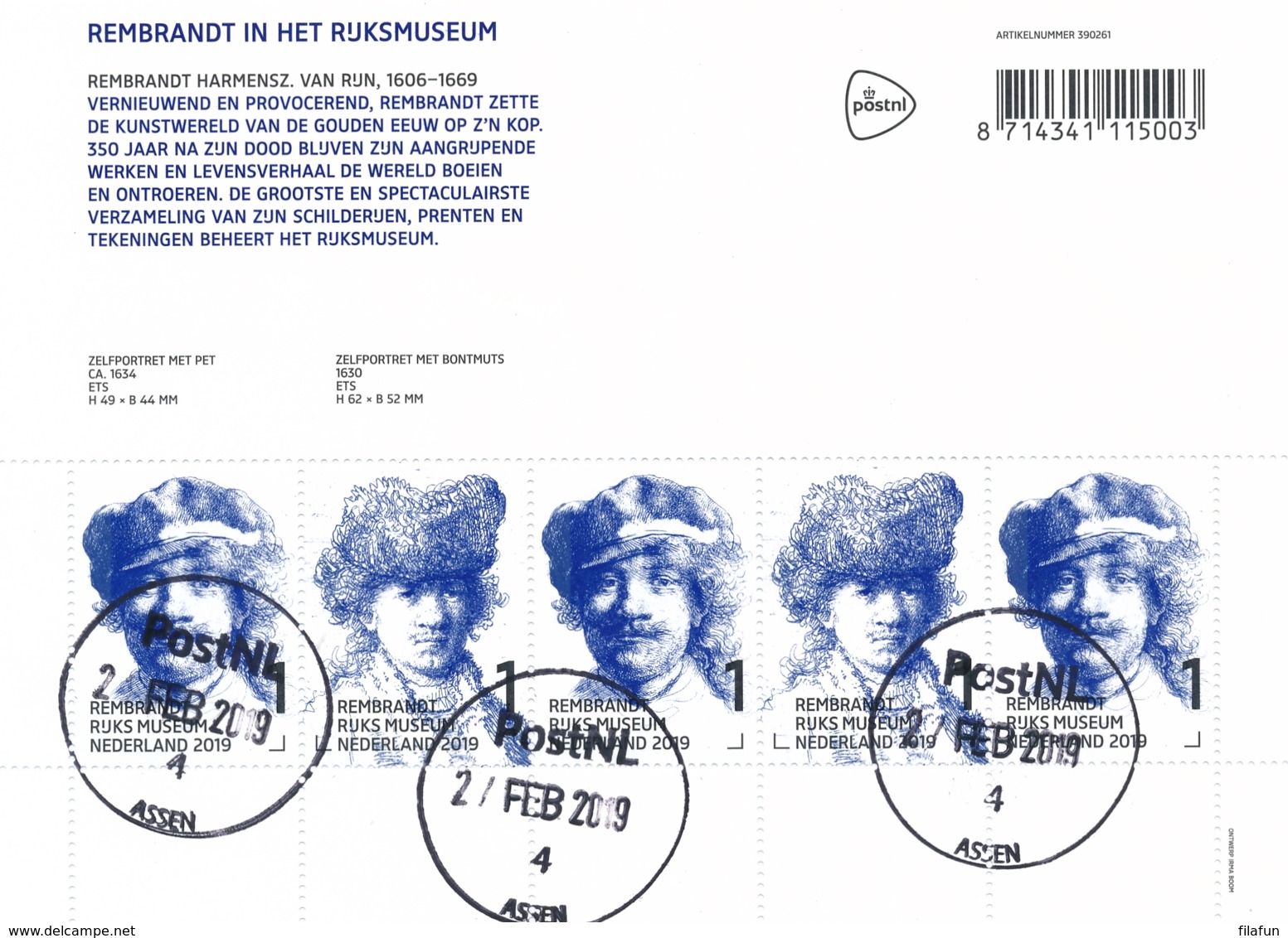 Nederland - 2019 - Velletje Rembrandt In Het Rijksmuseum - Echt Gebruikt - Used Stamps