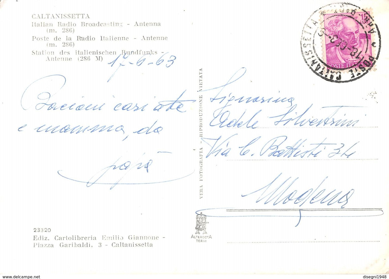 07803 "CALTANISETTA - STAZIONE R.A.I. - ANTENNA M. 286"  CART. ORIG. SPED. 1963 - Caltanissetta