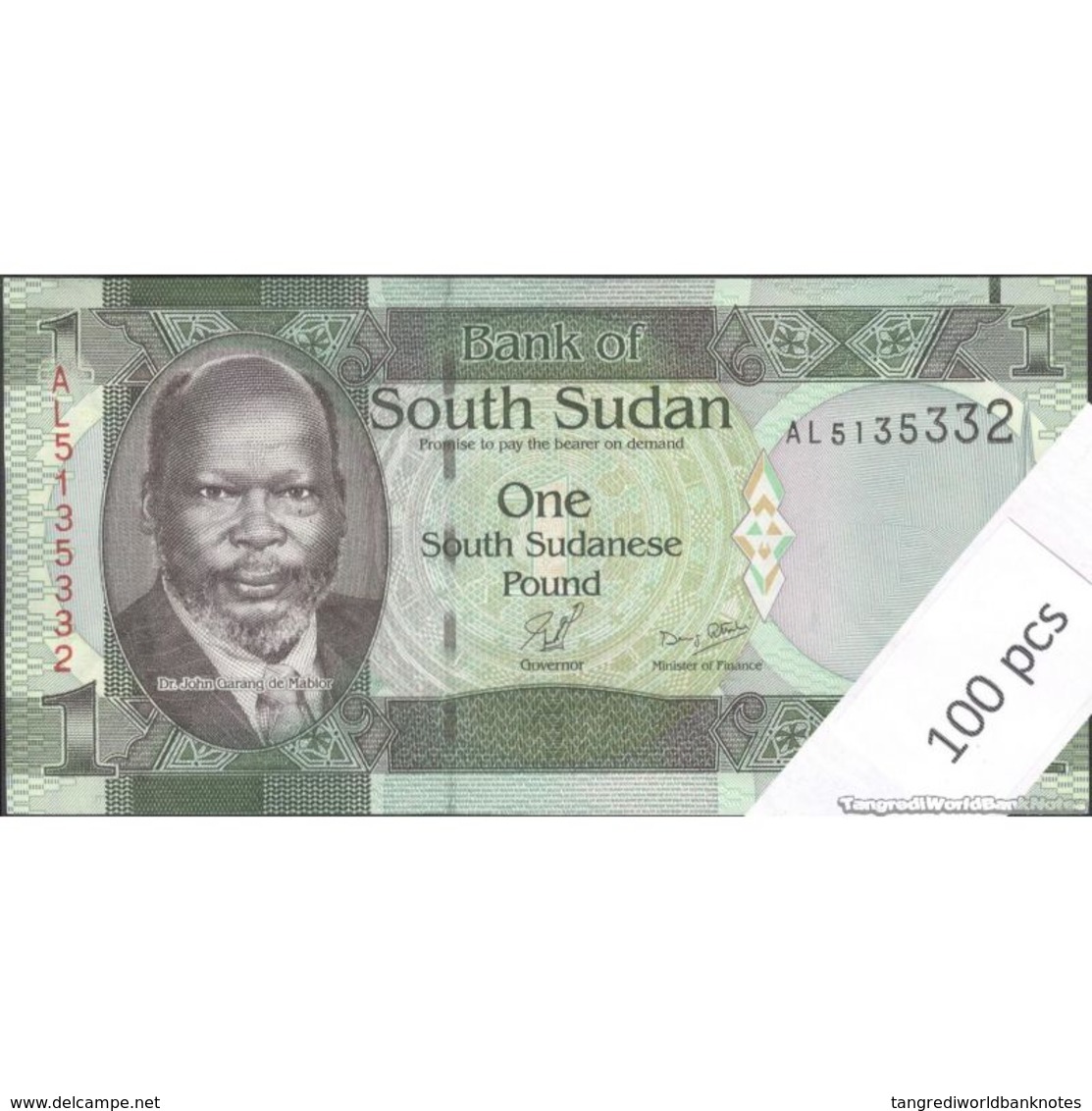 TWN - SOUTH SUDAN 5 - 5 Pounds 2011 DEALERS LOT X 100 - Prefix AL - Full Bundle﻿ UNC - Zuid-Soedan