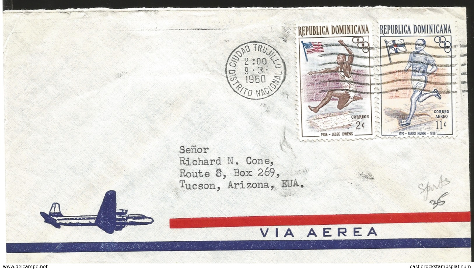 O) 1960 DOMINICAN REPUBLIC, OLYMPIC WINNERS AND FLAG, JESSE OWENS -PAAVO NURMI, AIRMAIL FROM CIUDAD TRUJILLO TO USA - Dominican Republic