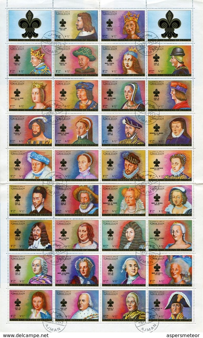 KINGS AND QUEENS OF FRANCE - AJMAN YVERT 1470 / 1503 FEUILLET 34 VALEURS OBLITERES AÑO 1972 USED - LILHU - Adschman