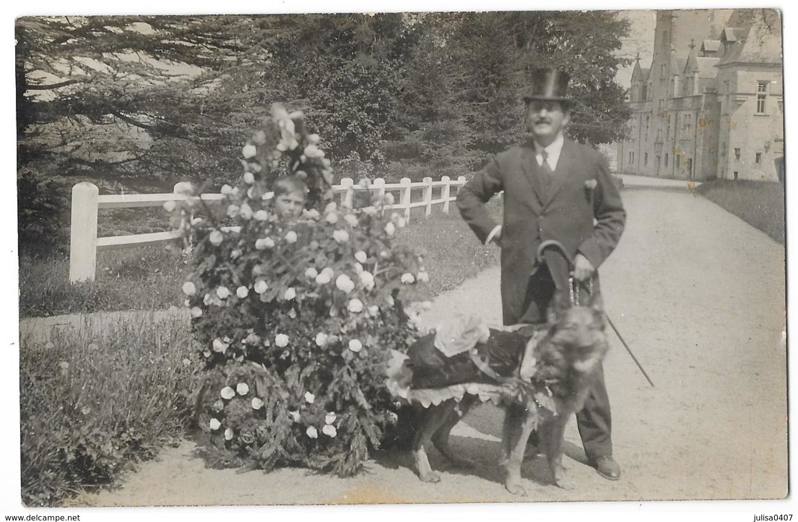 CHATILLON EN BAZOIS (58) Carte Photo Attelage De Chien Au Fond Le Chateau Coté Cour D'honneur RARE - Chatillon En Bazois