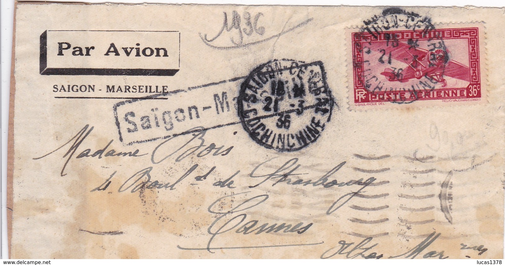 LETTRE PAR AVION / SAIGON / MARSEILLE 1936 / VERSO MARSEILLE GARE AVION 1936 - Airmail