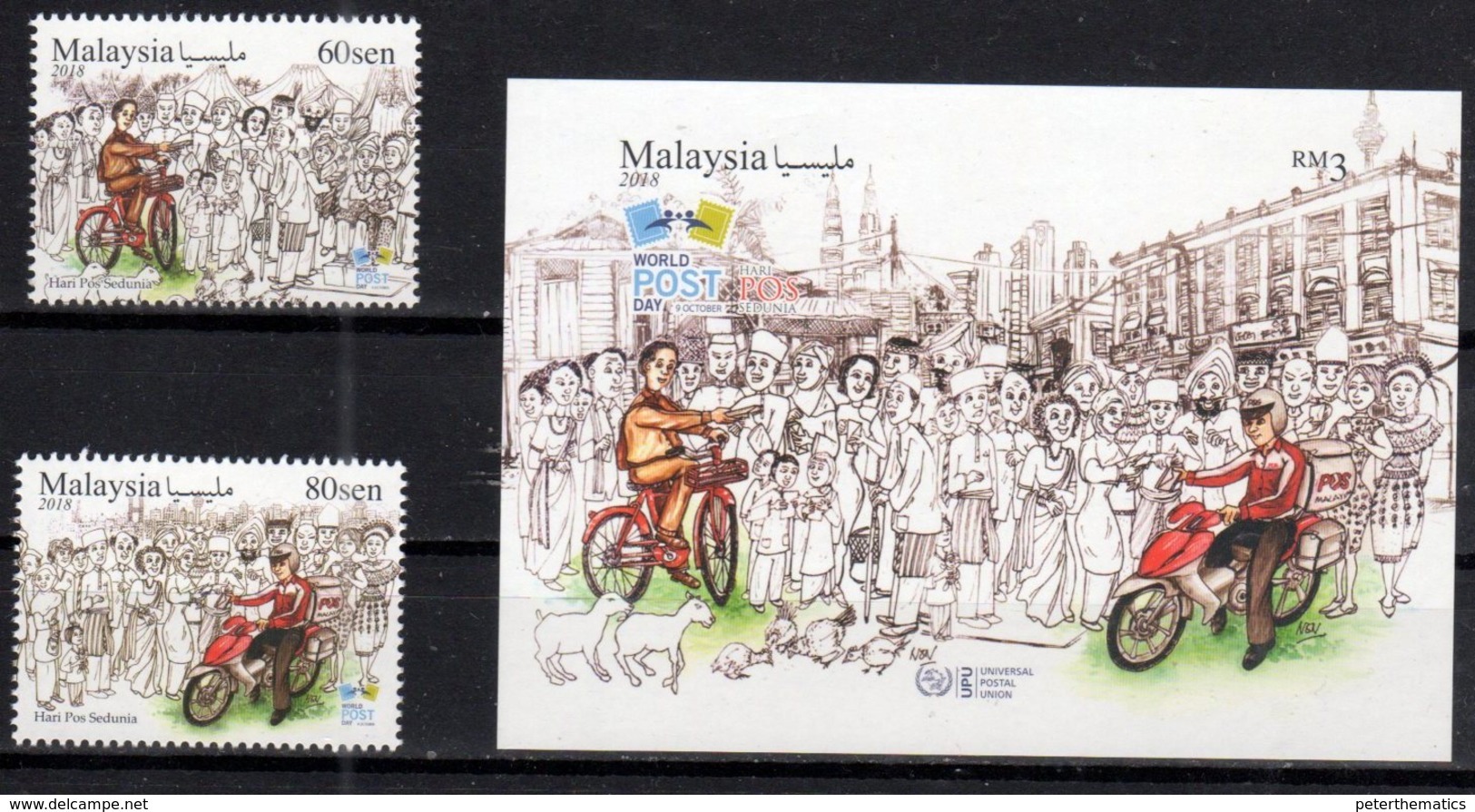 MALAYSIA , 2018, MNH, WORLD POST DAY, CICYCLES, MOTORBIKES, FARM ANIMALS, 2v+S/SHEET - Correo Postal