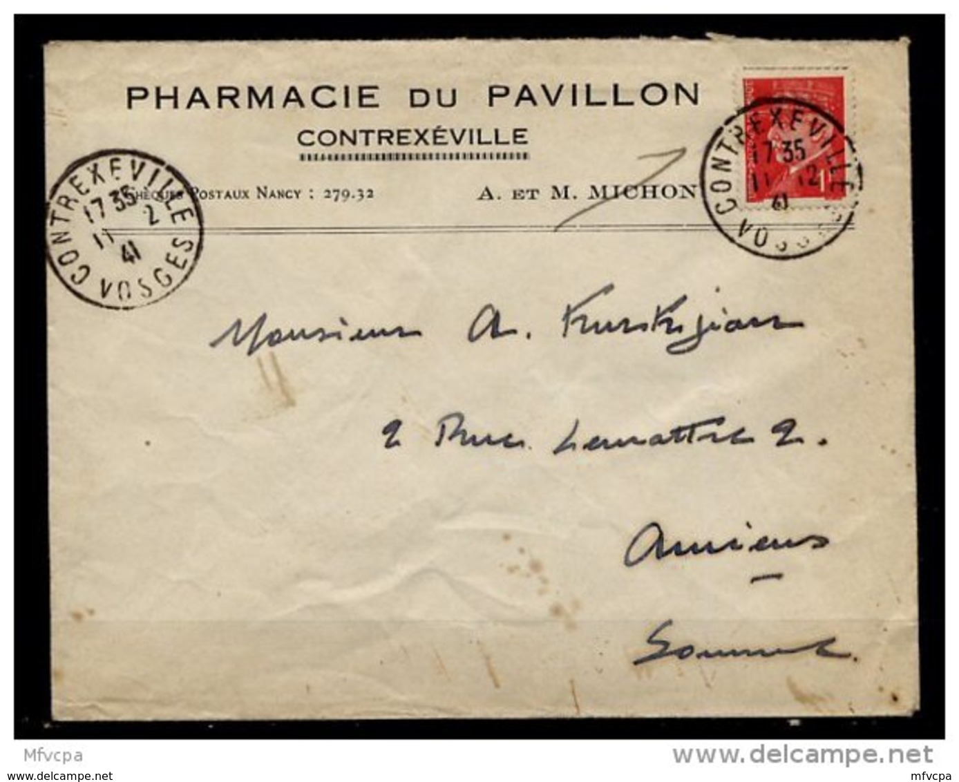 Am5460 L 1941 Contrexeville Vosge (Pharmacie Pavillon) Pour Amiens /Petain 1f Rouge YvT 514 - Lettres & Documents