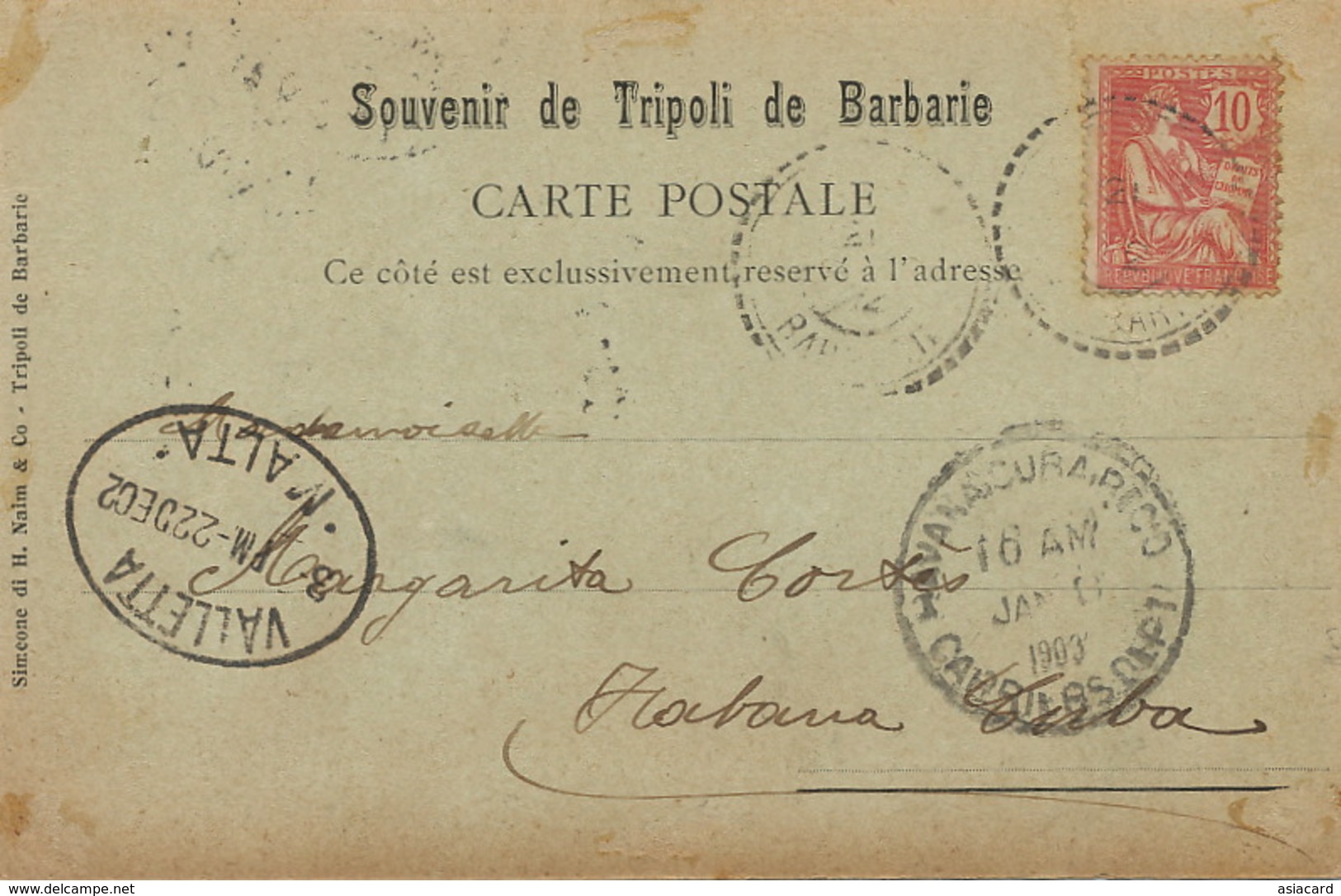 Tripoli Di Barberia Real Photo  Used To Cuba Via Valletta Malta On Type Mouchon Stamp 1902 - Libia