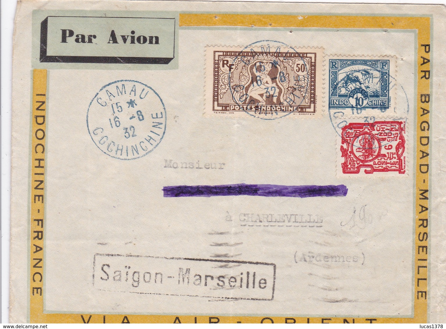 VIA AIR ORIENT / PAR AVION / CAMAU / CHARLEVILLE / SAIGON / MARESEILLE CACHET GARE AVION 1932 - Posta Aerea