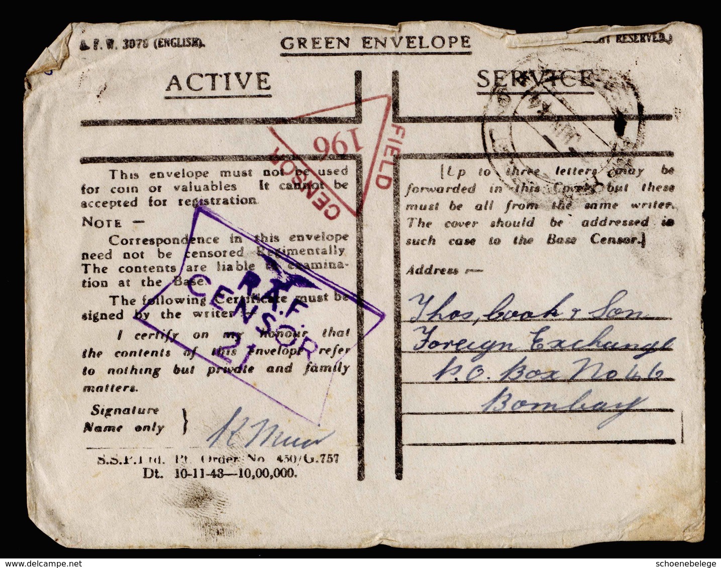 A5980) UK India Fieldpost Airforce Cover 06/02/44 To Bombay With 2 Censorship - 1936-47 Roi Georges VI