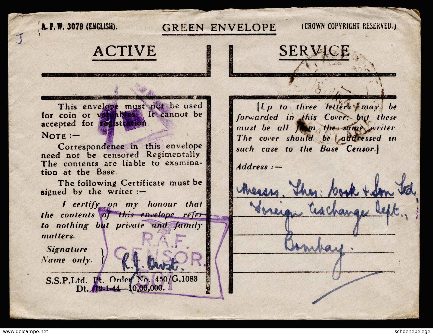 A5981) UK India Fieldpost Airforce Cover 06/18/44 To Bombay With 2 Censorship - 1936-47 Roi Georges VI