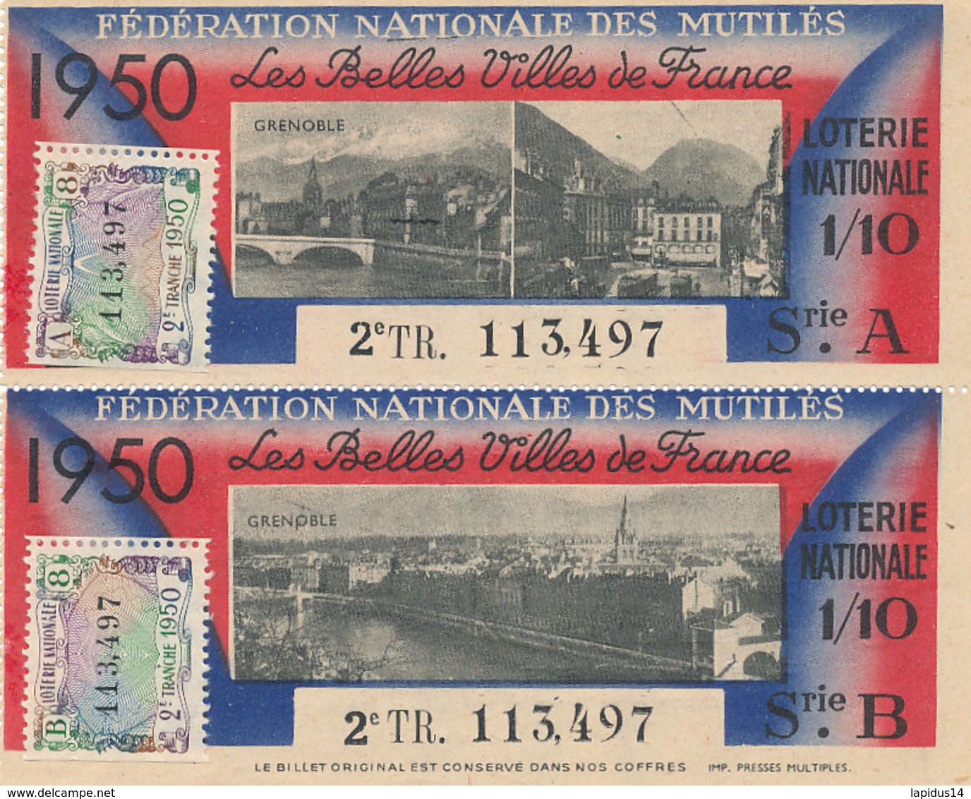 BL 91 / BILLETS  LOTERIE NATIONALE  FEDERATION DES MUTILES LES BELLES VILLES DE FRANCE     GRENOBLE  1950 - Billets De Loterie