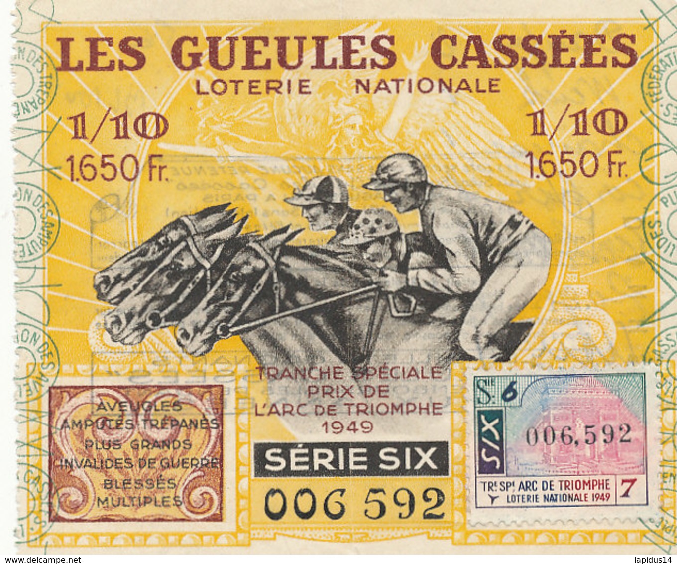 BL 100 / BILLET  LOTERIE NATIONALE  LES GUEULES CASSEES  PRIX DE L'ARC DE TRIOMPHE    1949 - Billets De Loterie